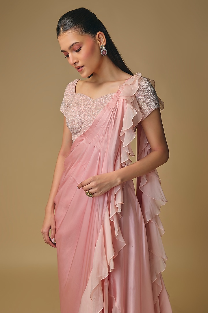 Pink Organza Draped Wedding Saree Set by Pallavi Poddar (India) at Pernia's Pop Up Shop