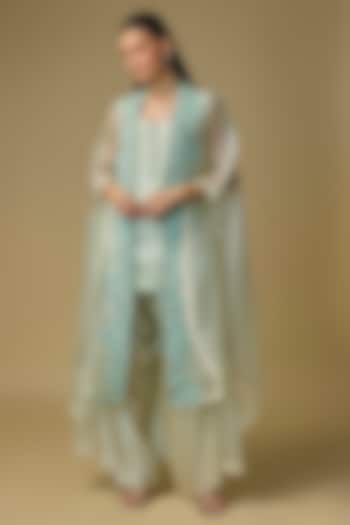 Aqua Blue Organza & Satin Zardosi Work Cape Set by Pallavi Poddar (India) at Pernia's Pop Up Shop