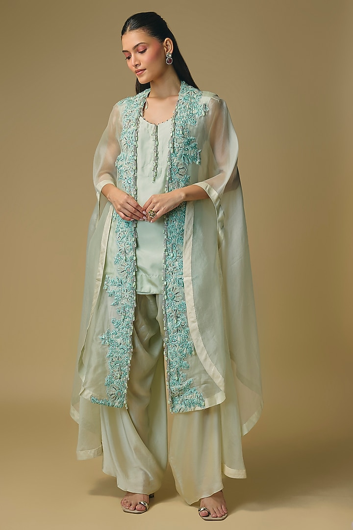 Aqua Blue Organza & Satin Zardosi Work Cape Set by Pallavi Poddar (India) at Pernia's Pop Up Shop