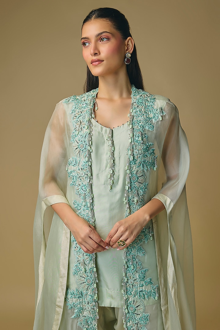 Aqua Blue Organza & Satin Zardosi Work Cape Set by Pallavi Poddar (India) at Pernia's Pop Up Shop