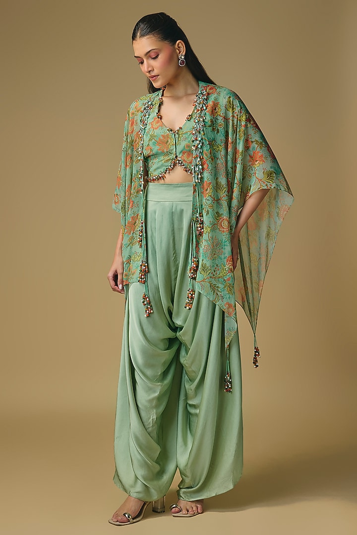 Aqua Blue Georgette & Satin Dhoti Set by Pallavi Poddar (India) at Pernia's Pop Up Shop