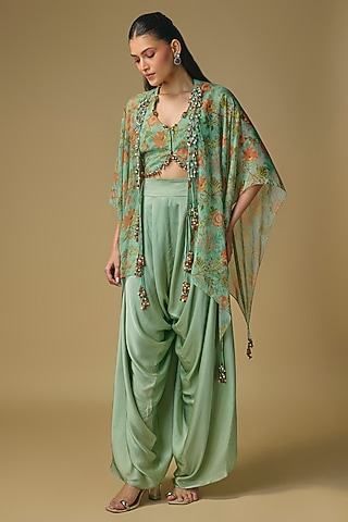 Aqua Blue Georgette & Satin Dhoti Set by Pallavi Poddar (India)