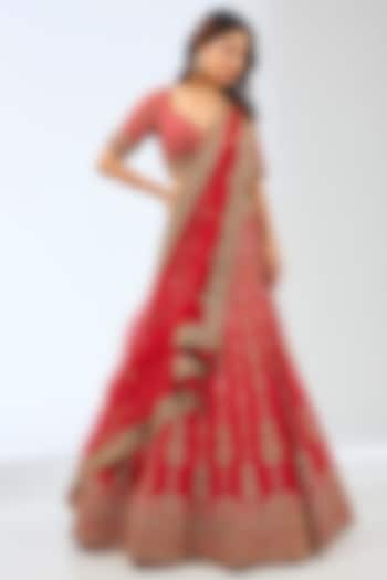 Red Silk Dori & Zardosi Hand Embroidered Wedding Lehenga Set by Pallavi Poddar (India) at Pernia's Pop Up Shop