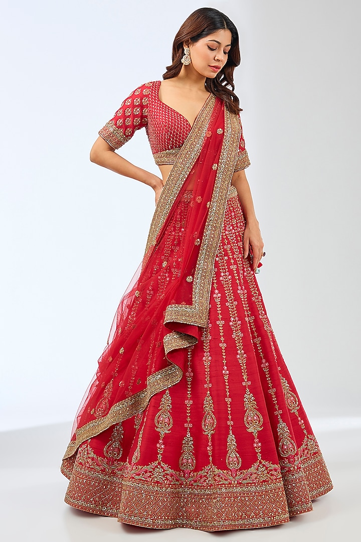 Red Silk Dori & Zardosi Hand Embroidered Wedding Lehenga Set by Pallavi Poddar (India) at Pernia's Pop Up Shop