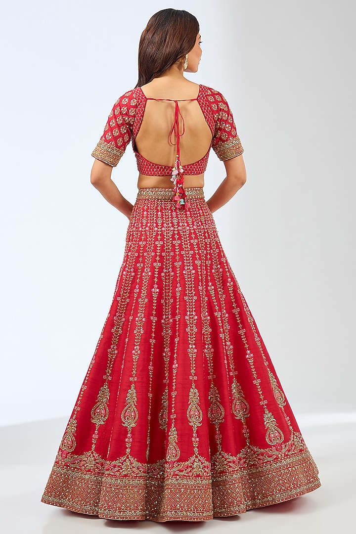 Red Silk Dori & Zardosi Hand Embroidered Bridal Lehenga Set by Pallavi Poddar (India) at Pernia's Pop Up Shop