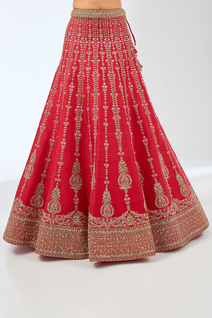 Red Silk Dori & Zardosi Hand Embroidered Bridal Lehenga Set by Pallavi Poddar (India) at Pernia's Pop Up Shop