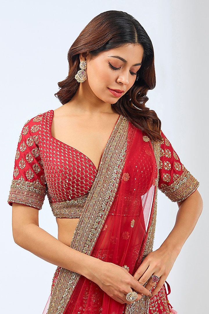 Red Silk Dori & Zardosi Hand Embroidered Bridal Lehenga Set by Pallavi Poddar (India) at Pernia's Pop Up Shop