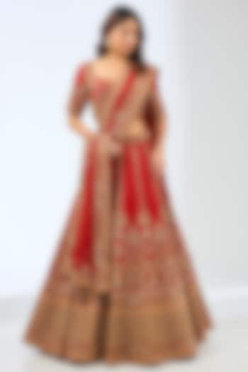 Red Silk Dori & Zardosi Hand Embroidered Bridal Lehenga Set by Pallavi Poddar (India) at Pernia's Pop Up Shop