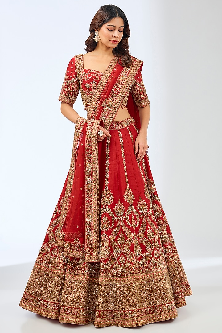 Red Silk Dori & Zardosi Hand Embroidered Bridal Lehenga Set by Pallavi Poddar (India) at Pernia's Pop Up Shop