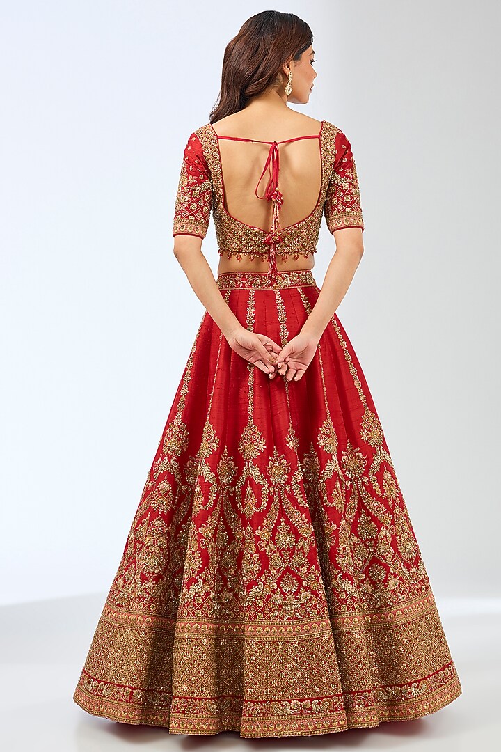 Red Silk Dori & Zardosi Hand Embroidered Bridal Lehenga Set by Pallavi Poddar (India) at Pernia's Pop Up Shop