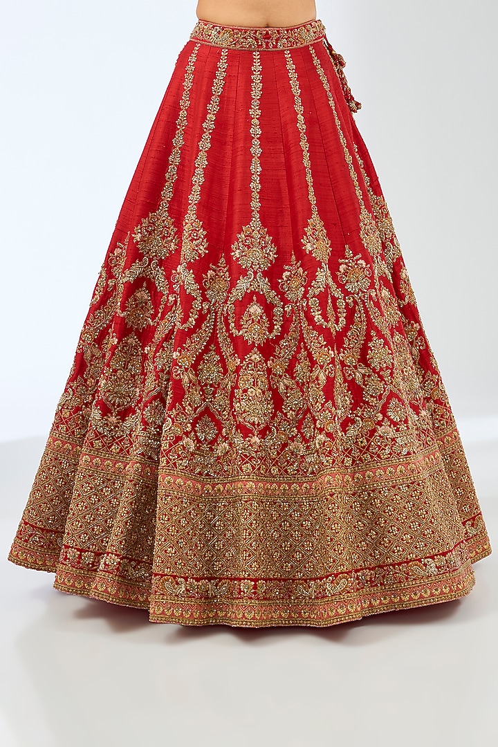 Red Silk Dori & Zardosi Hand Embroidered Bridal Lehenga Set by Pallavi Poddar (India) at Pernia's Pop Up Shop