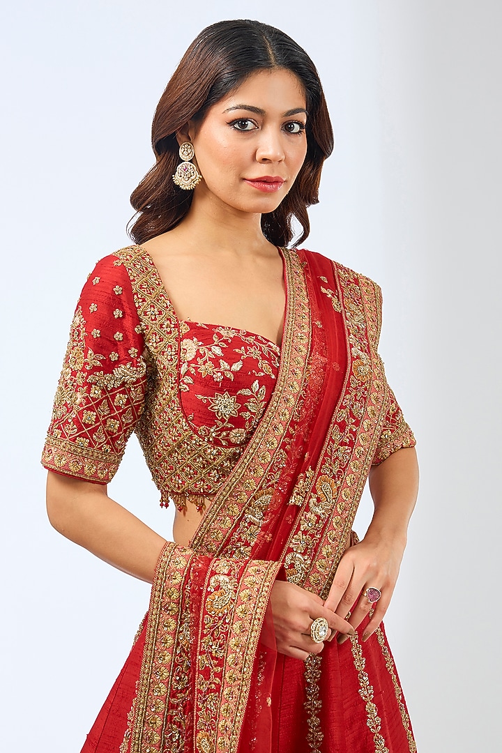 Red Silk Dori & Zardosi Hand Embroidered Bridal Lehenga Set by Pallavi Poddar (India) at Pernia's Pop Up Shop