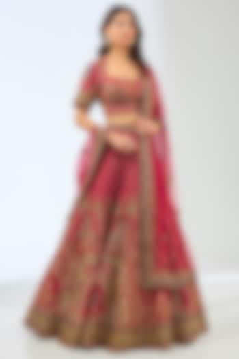 Red Silk Resham Hand Embroidered Bridal Lehenga Set by Pallavi Poddar (India) at Pernia's Pop Up Shop