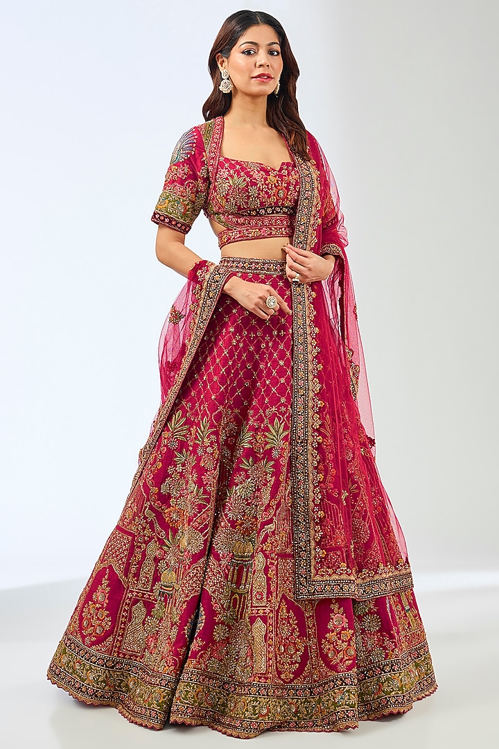 Red Silk Resham Hand Embroidered Bridal Lehenga Set by Pallavi Poddar (India) at Pernia's Pop Up Shop