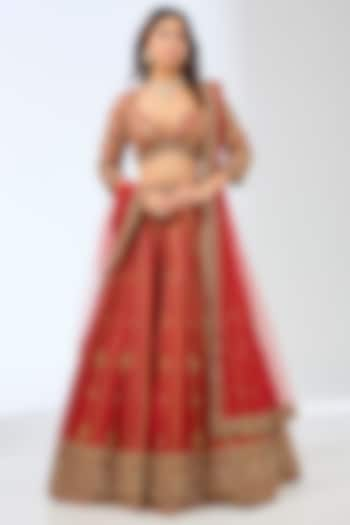 Red Silk Dori & Zardosi Hand Embroidered Bridal Lehenga Set by Pallavi Poddar (India) at Pernia's Pop Up Shop