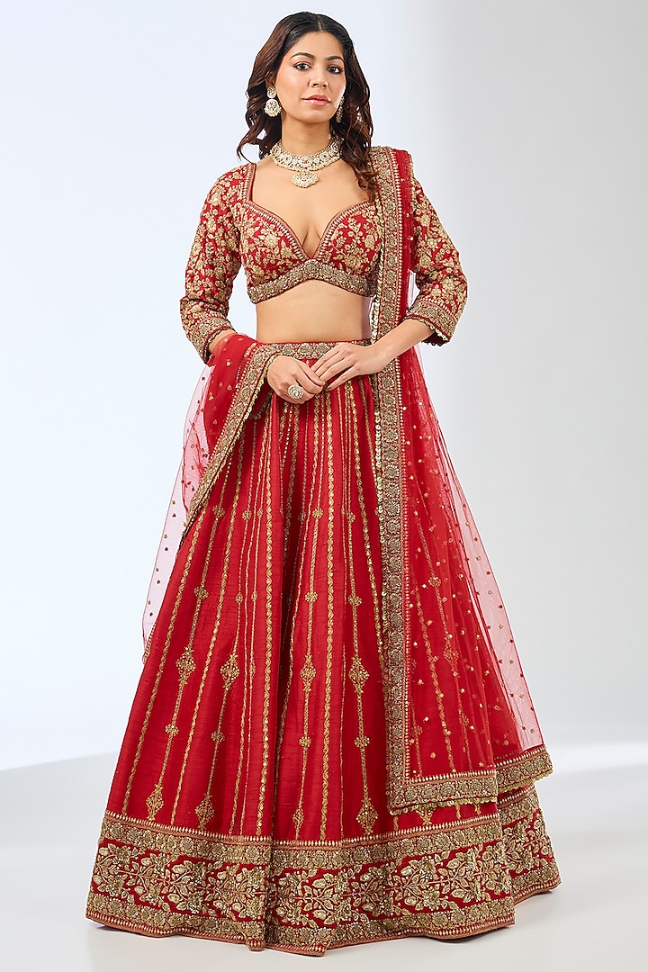 Red Silk Dori & Zardosi Hand Embroidered Bridal Lehenga Set by Pallavi Poddar (India) at Pernia's Pop Up Shop