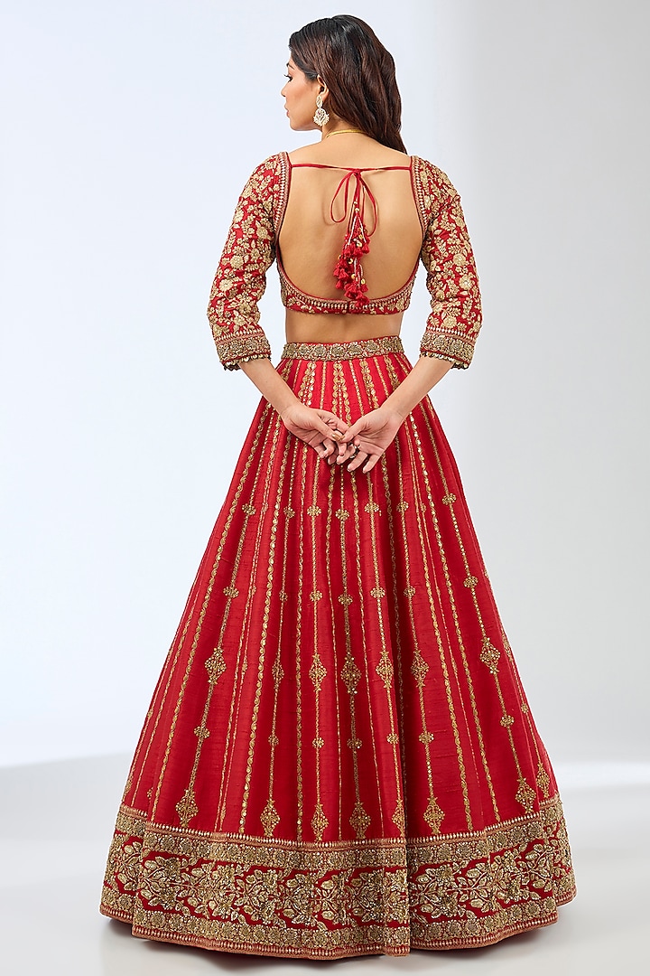 Red Silk Dori & Zardosi Hand Embroidered Bridal Lehenga Set by Pallavi Poddar (India) at Pernia's Pop Up Shop