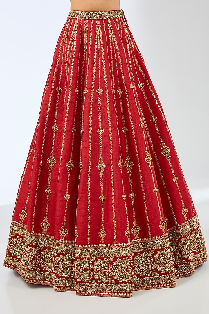 Red Silk Dori & Zardosi Hand Embroidered Bridal Lehenga Set by Pallavi Poddar (India) at Pernia's Pop Up Shop