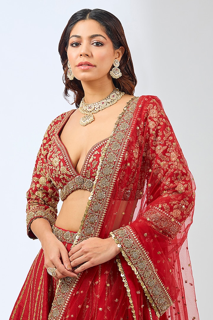 Red Silk Dori & Zardosi Hand Embroidered Bridal Lehenga Set by Pallavi Poddar (India) at Pernia's Pop Up Shop