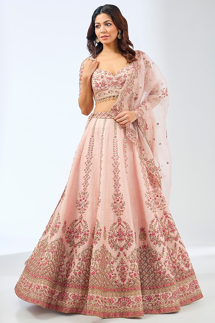 Light Pink Silk Resham Hand Embroidered Bridal Lehenga Set by Pallavi Poddar (India) at Pernia's Pop Up Shop