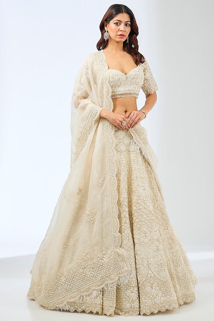 Ivory Organza Crystal & Pearls Hand Embroidered Bridal Lehenga Set by Pallavi Poddar (India) at Pernia's Pop Up Shop