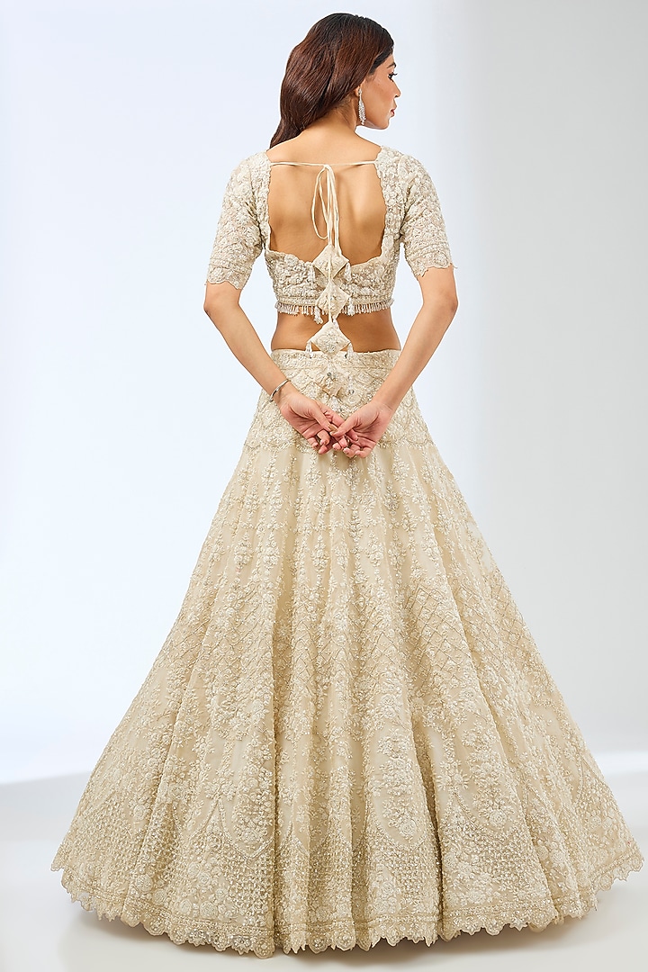 Ivory Organza Crystal & Pearls Hand Embroidered Bridal Lehenga Set by Pallavi Poddar (India) at Pernia's Pop Up Shop