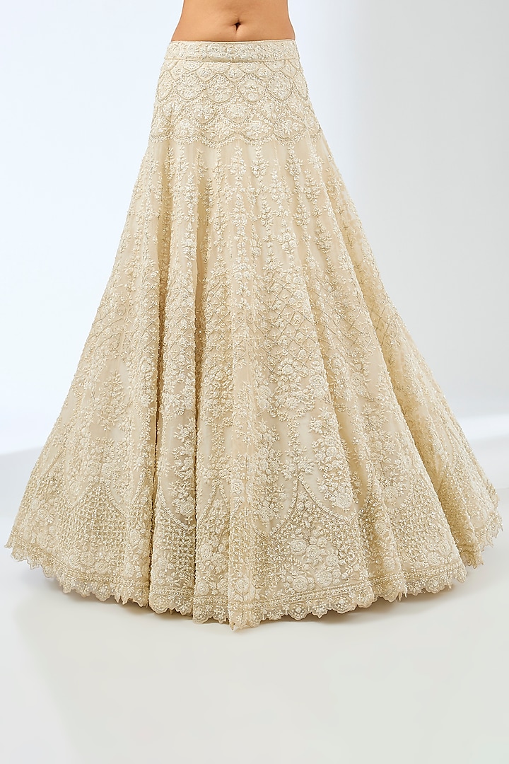 Ivory Organza Crystal & Pearls Hand Embroidered Bridal Lehenga Set by Pallavi Poddar (India) at Pernia's Pop Up Shop