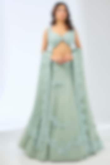 Green Net Crystal & Resham Hand Embroidered Wedding Lehenga Set by Pallavi Poddar (India) at Pernia's Pop Up Shop