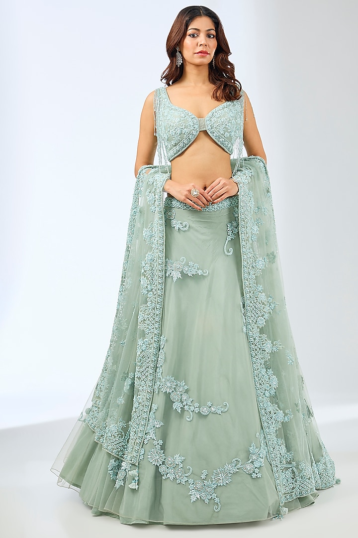 Green Net Crystal & Resham Hand Embroidered Wedding Lehenga Set by Pallavi Poddar (India) at Pernia's Pop Up Shop