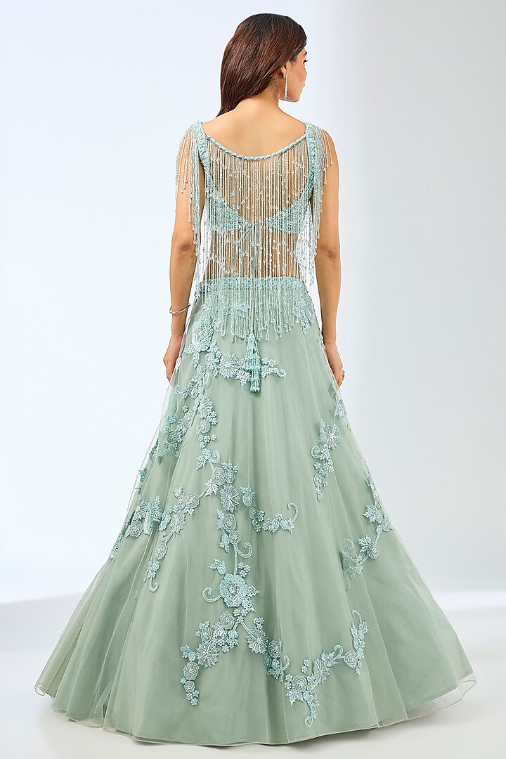 Green Net Crystal & Resham Hand Embroidered Wedding Lehenga Set by Pallavi Poddar (India) at Pernia's Pop Up Shop