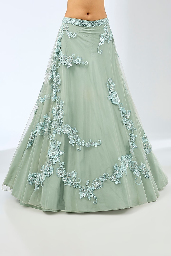 Green Net Crystal & Resham Hand Embroidered Wedding Lehenga Set by Pallavi Poddar (India) at Pernia's Pop Up Shop