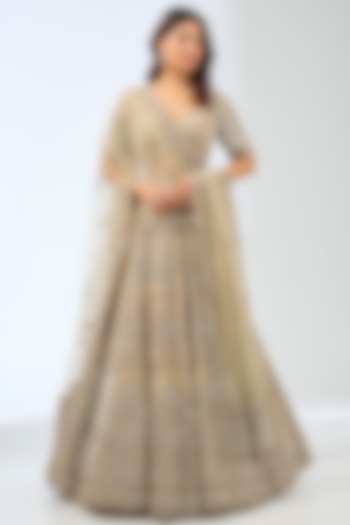 Beige Organza Crystal & Pearls Hand Embroidered Bridal Lehenga Set by Pallavi Poddar (India) at Pernia's Pop Up Shop