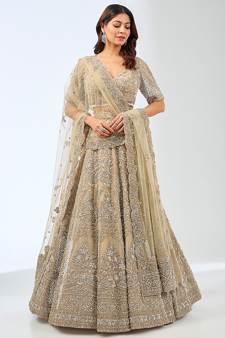 Beige Organza Crystal & Pearls Hand Embroidered Bridal Lehenga Set by Pallavi Poddar (India) at Pernia's Pop Up Shop