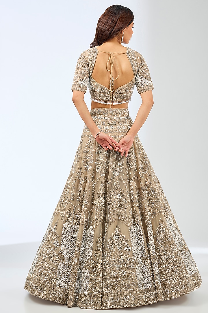 Beige Organza Crystal & Pearls Hand Embroidered Bridal Lehenga Set by Pallavi Poddar (India) at Pernia's Pop Up Shop