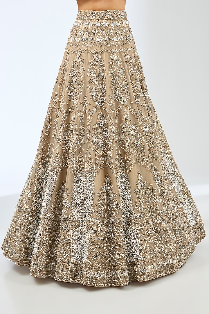 Beige Organza Crystal & Pearls Hand Embroidered Bridal Lehenga Set by Pallavi Poddar (India) at Pernia's Pop Up Shop