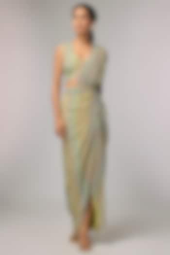 Mint Georgette Draped Party Wear Saree Set by Pallavi Poddar (India) at Pernia's Pop Up Shop
