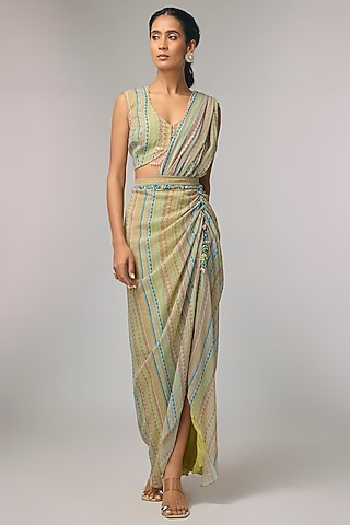 Mint Georgette Draped Saree Set by Pallavi Poddar (India)