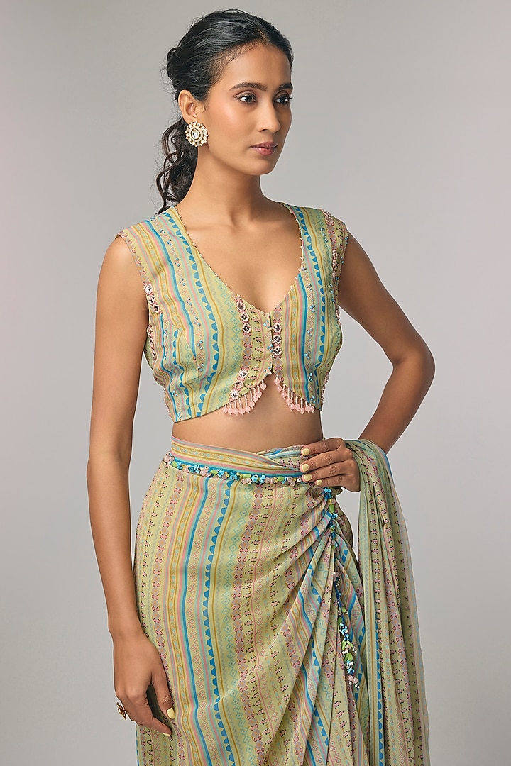 Mint Georgette Draped Party Wear Saree Set by Pallavi Poddar (India) at Pernia's Pop Up Shop
