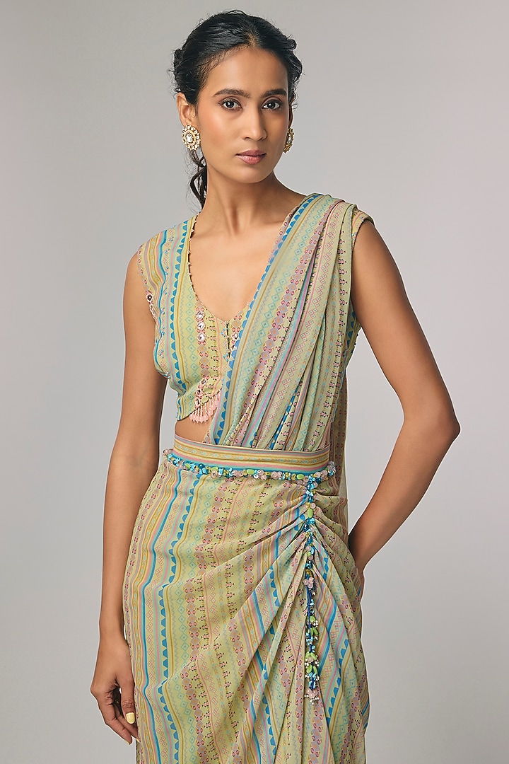 Mint Georgette Draped Party Wear Saree Set by Pallavi Poddar (India) at Pernia's Pop Up Shop