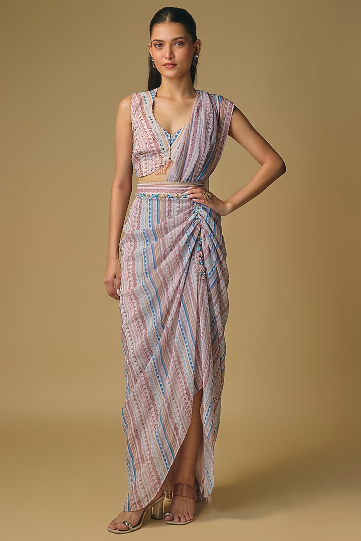 Multi-Colored Georgette Draped Party Wear Saree Set by Pallavi Poddar (India) at Pernia's Pop Up Shop