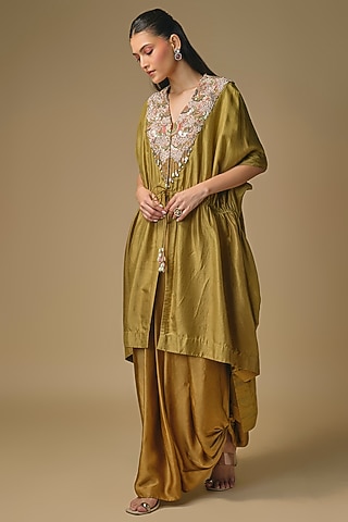 Mehendi Green Dupion Silk Zardosi Work Kaftan Set by Pallavi Poddar (India)