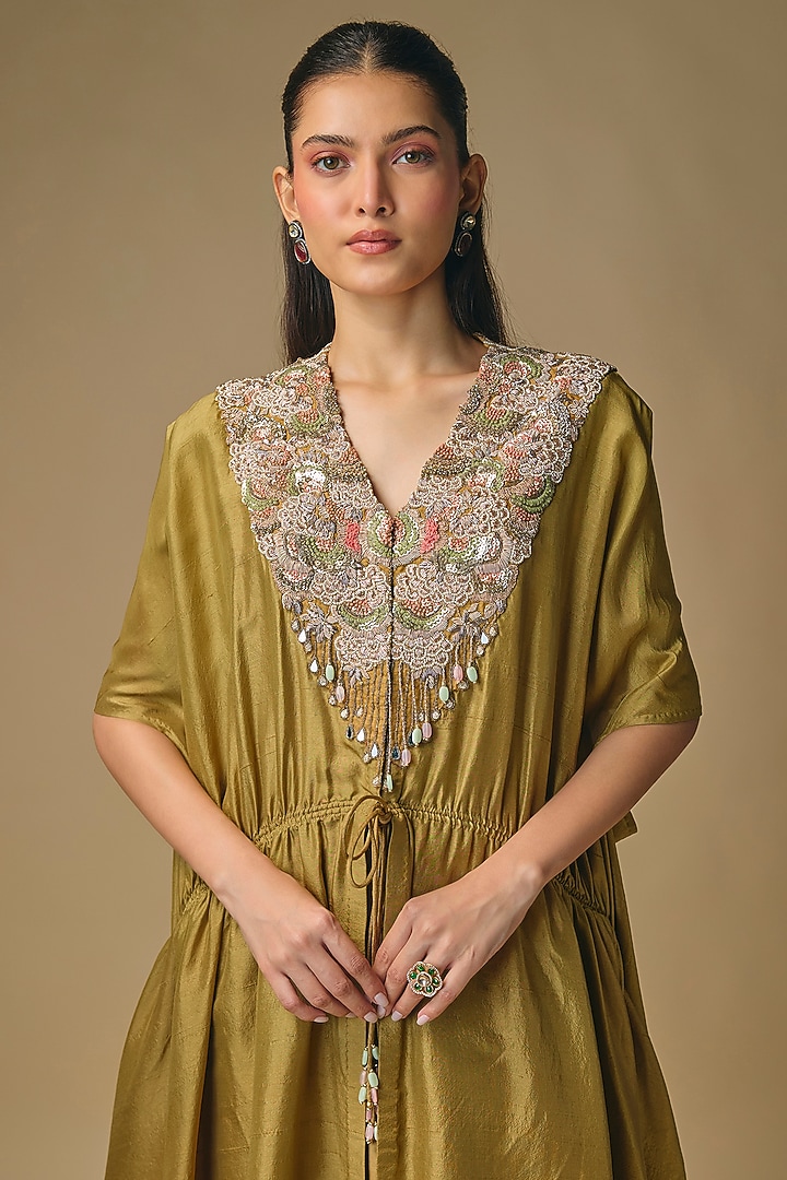 Mehendi Green Dupion Silk Zardosi Work Kaftan Set by Pallavi Poddar (India) at Pernia's Pop Up Shop