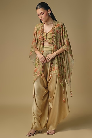 Beige Georgette & Satin Dhoti Set by Pallavi Poddar (India)