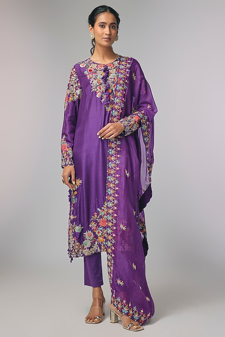 Purple Organza Zardosi Hand Work Kurta Set by Pallavi Poddar (India) at Pernia's Pop Up Shop