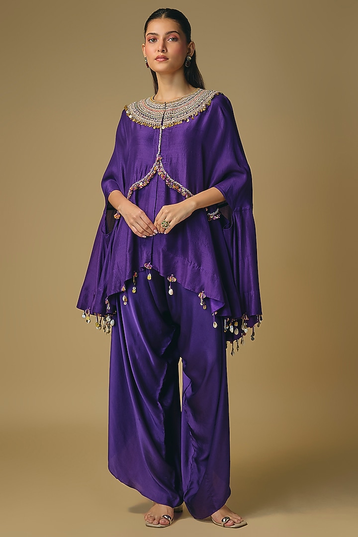 Purple Dupion Silk Zardosi Work Cape Set by Pallavi Poddar (India) at Pernia's Pop Up Shop