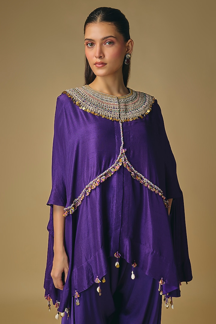 Purple Dupion Silk Zardosi Work Cape Set by Pallavi Poddar (India) at Pernia's Pop Up Shop