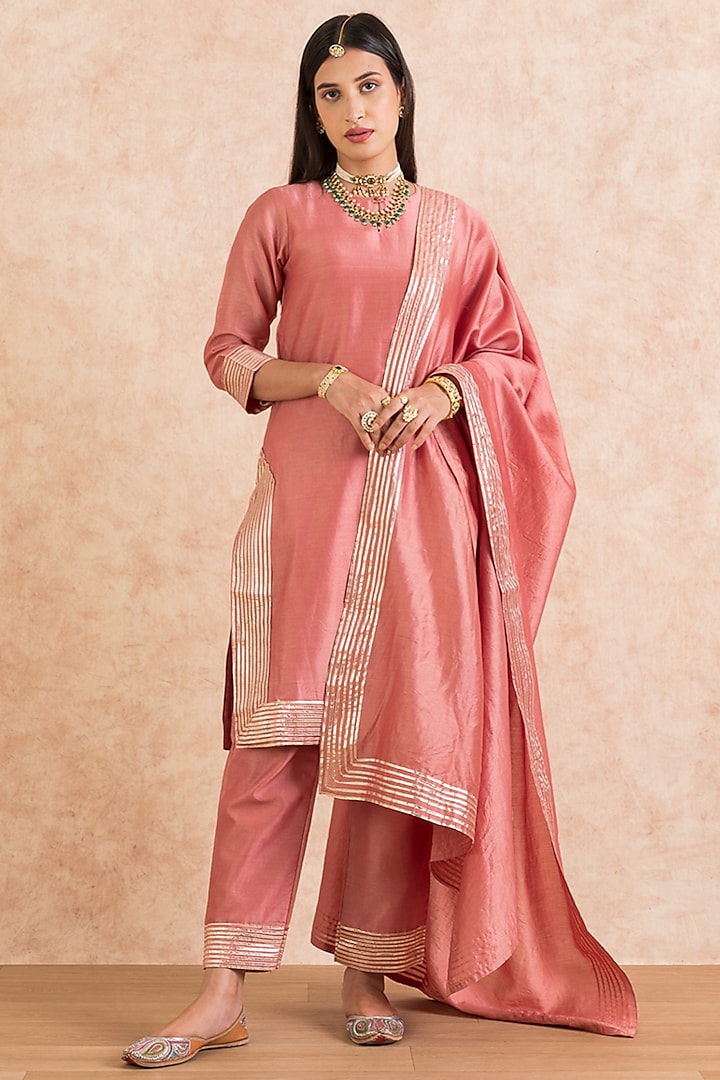 Rose Pink Kurta Set With Gota Work by Palak & Mehak