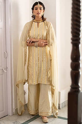 Cream Embroidered Kurta Set by Palak & Mehak