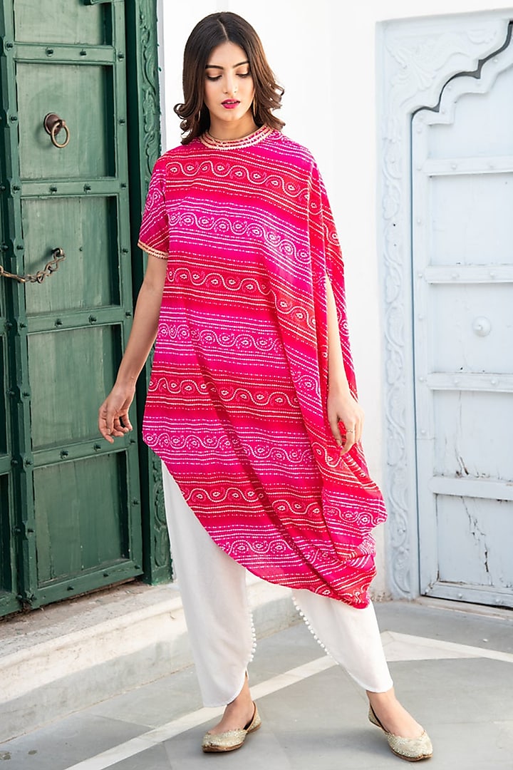 Pink Bandhani Cowl Kurta Set by Palak & Mehak