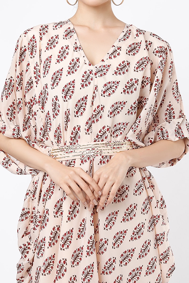 Peach Block Printed Kaftan Summer Dress With Belt by Palak & Mehak at Pernia's Pop Up Shop
